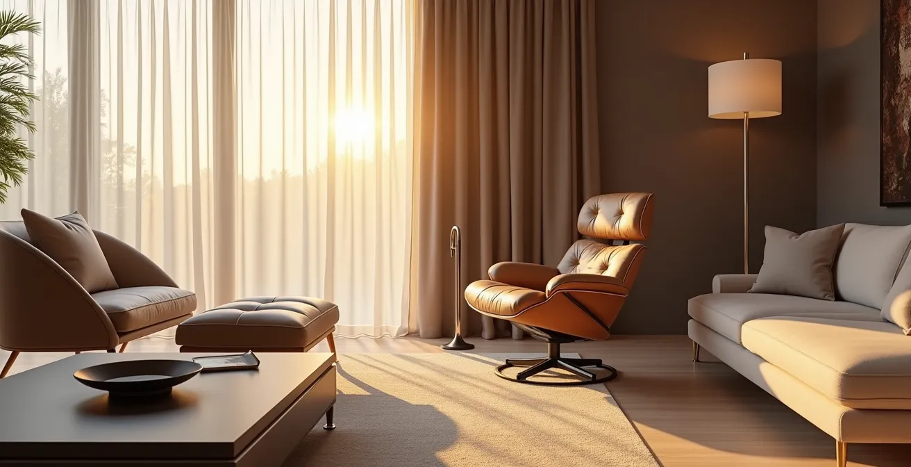 Salon élégant avec mobilier ergonomique et aménagements subtils pour l'autonomie