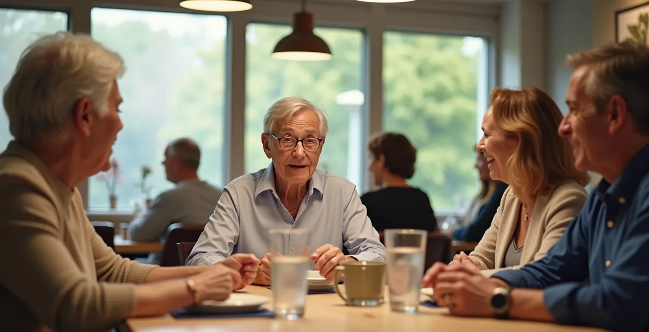 Personne senior engagée dans une conversation animée lors d'un repas entre amis