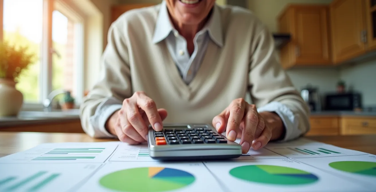 Senior souriant avec calculatrice entouré de documents montrant des économies