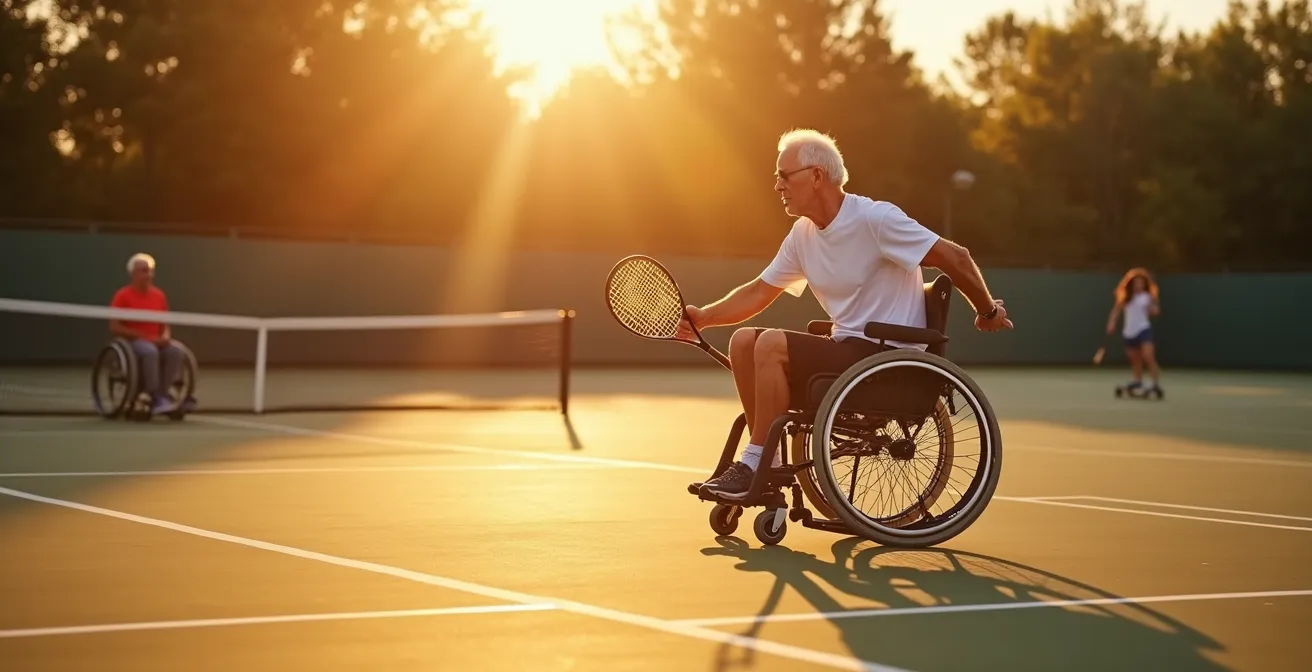 Personne senior en fauteuil roulant sportif participant à une activité de tennis adapté en extérieur