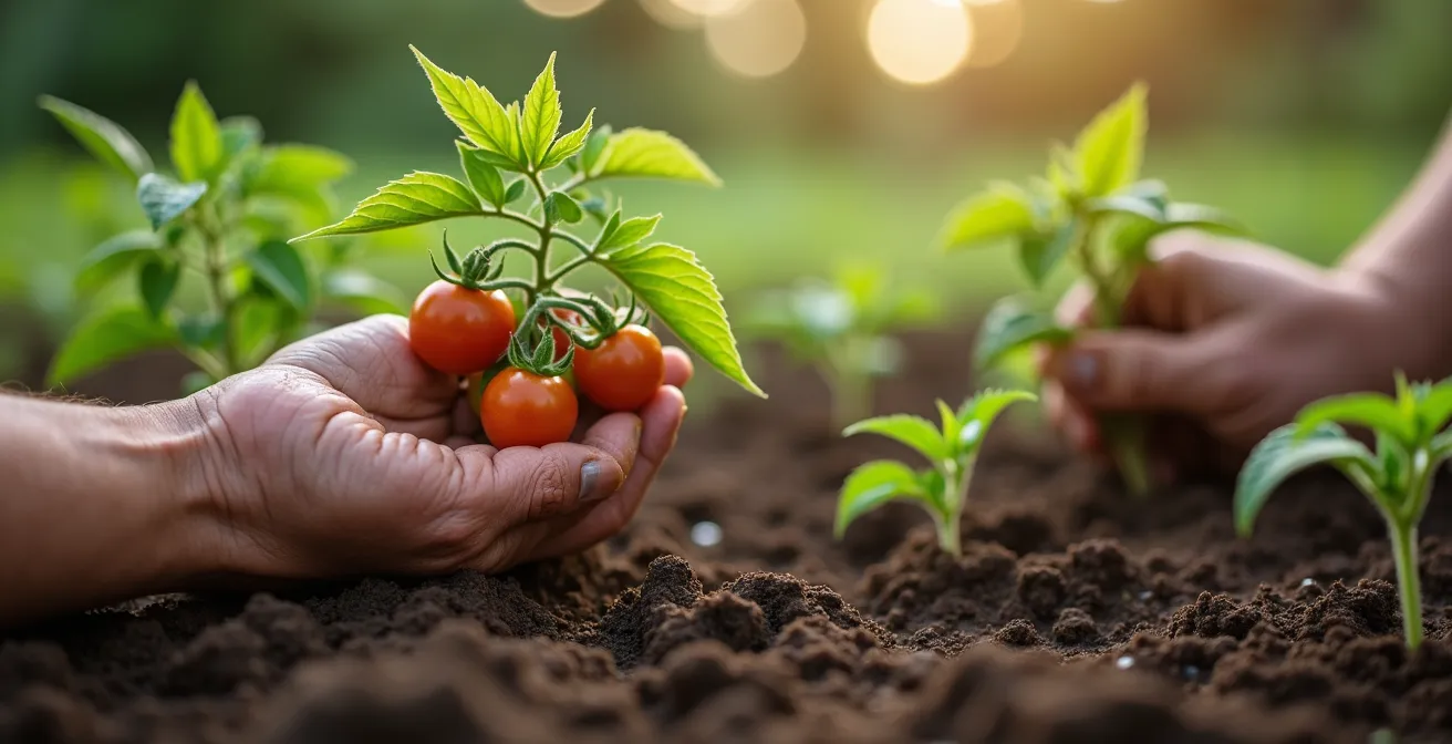 Gros plan sur des mains âgées cultivant des plantes dans un jardin communautaire