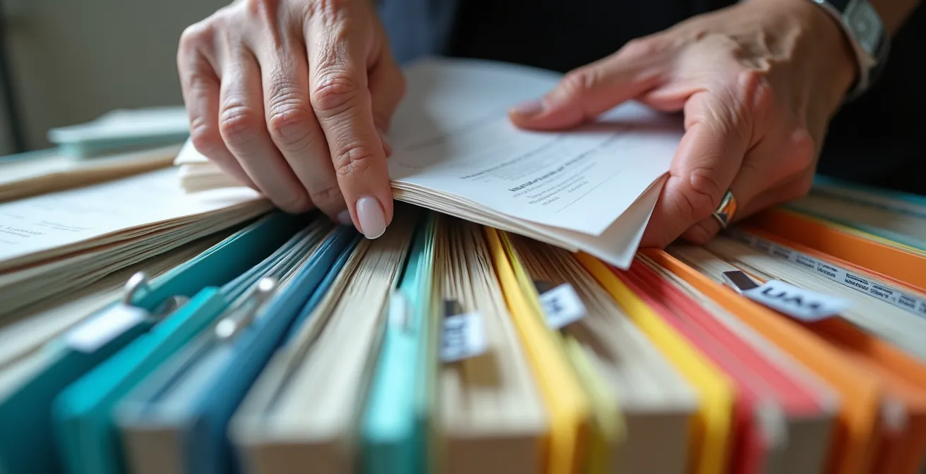 Personne senior organisant méthodiquement ses documents dans des classeurs colorés