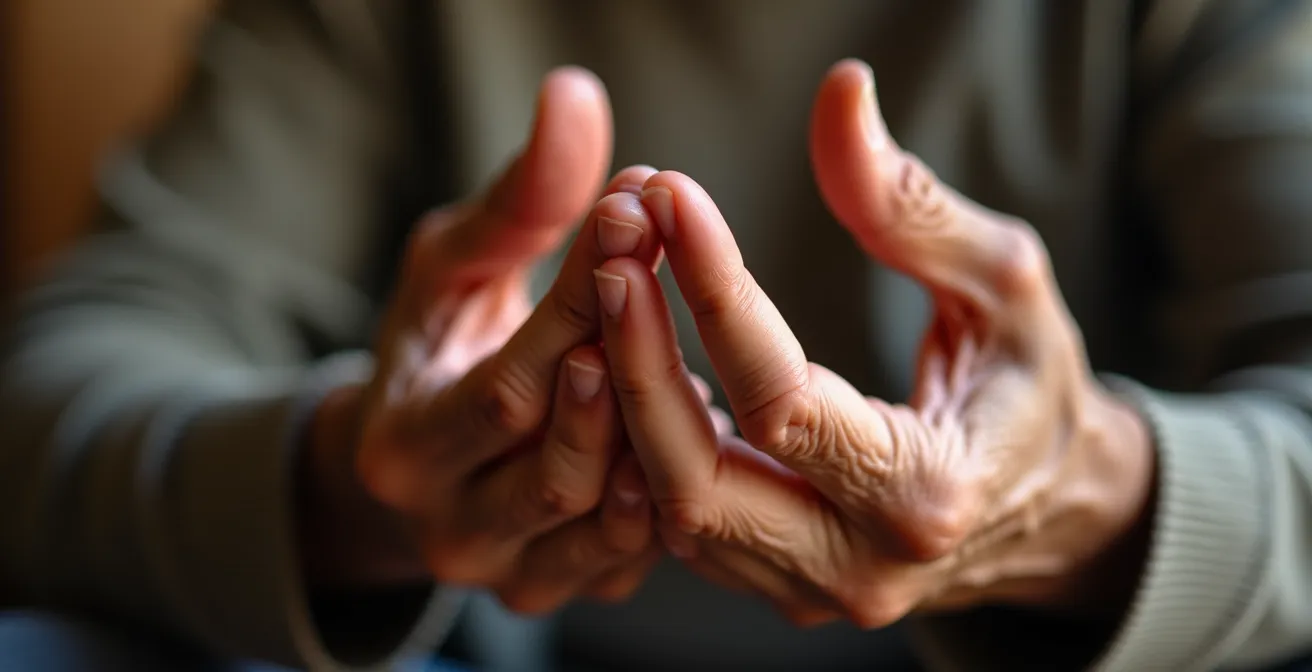 Gros plan sur les mains d'une personne âgée formant un mudra de méditation, symbolisant le calme et la concentration.
