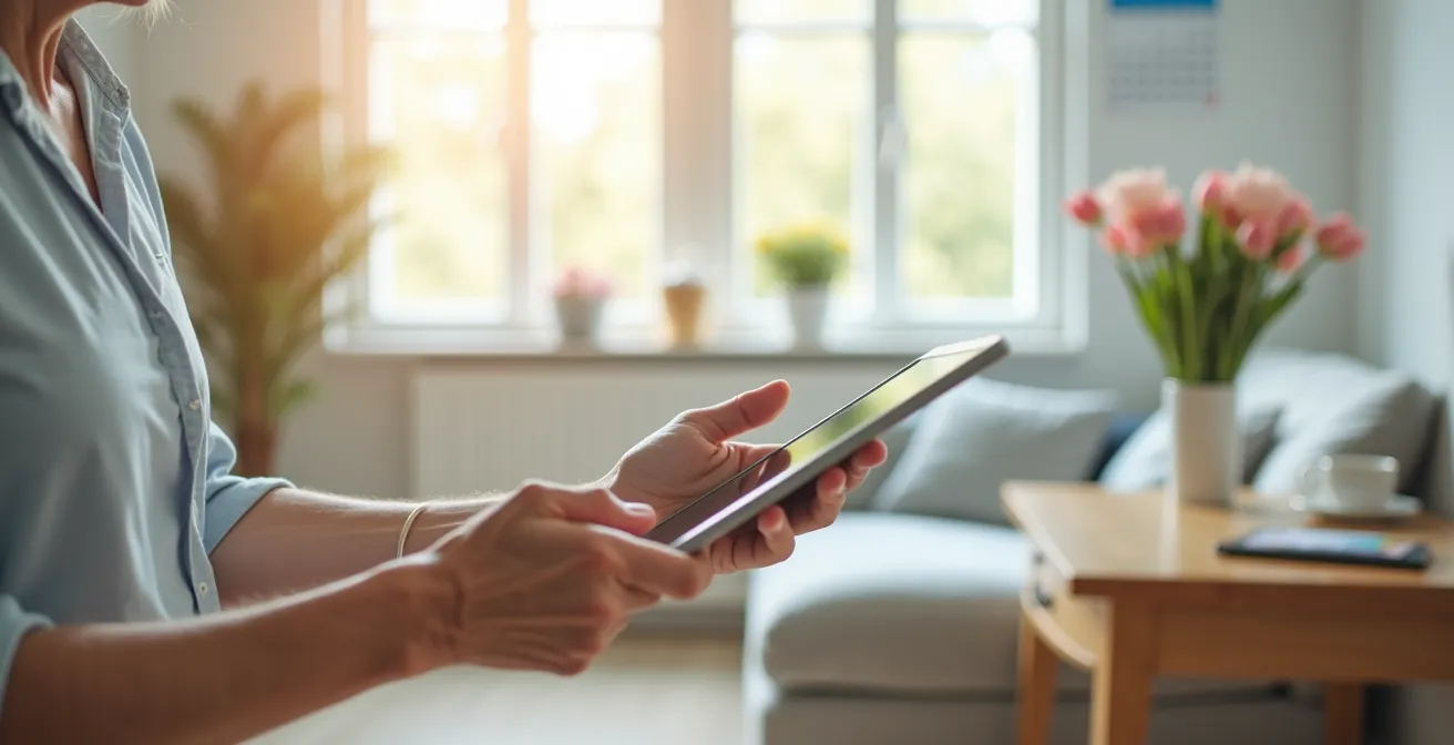 Senior utilisant une tablette pour organiser ses rendez-vous avec une vue floue d'agenda en arrière-plan
