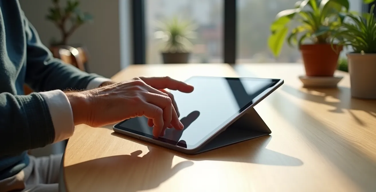 Personne âgée utilisant une tablette pour des exercices de mémoire dans un environnement lumineux