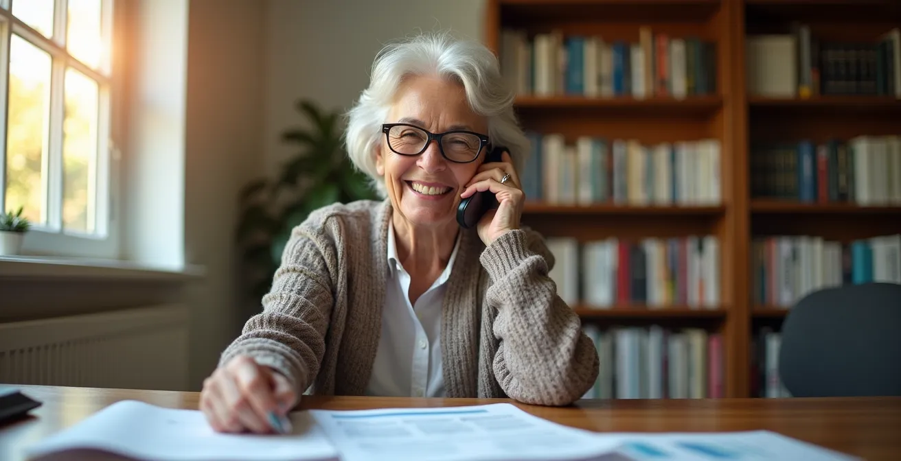 Une femme senior souriante au téléphone avec des documents d'assurance sur la table