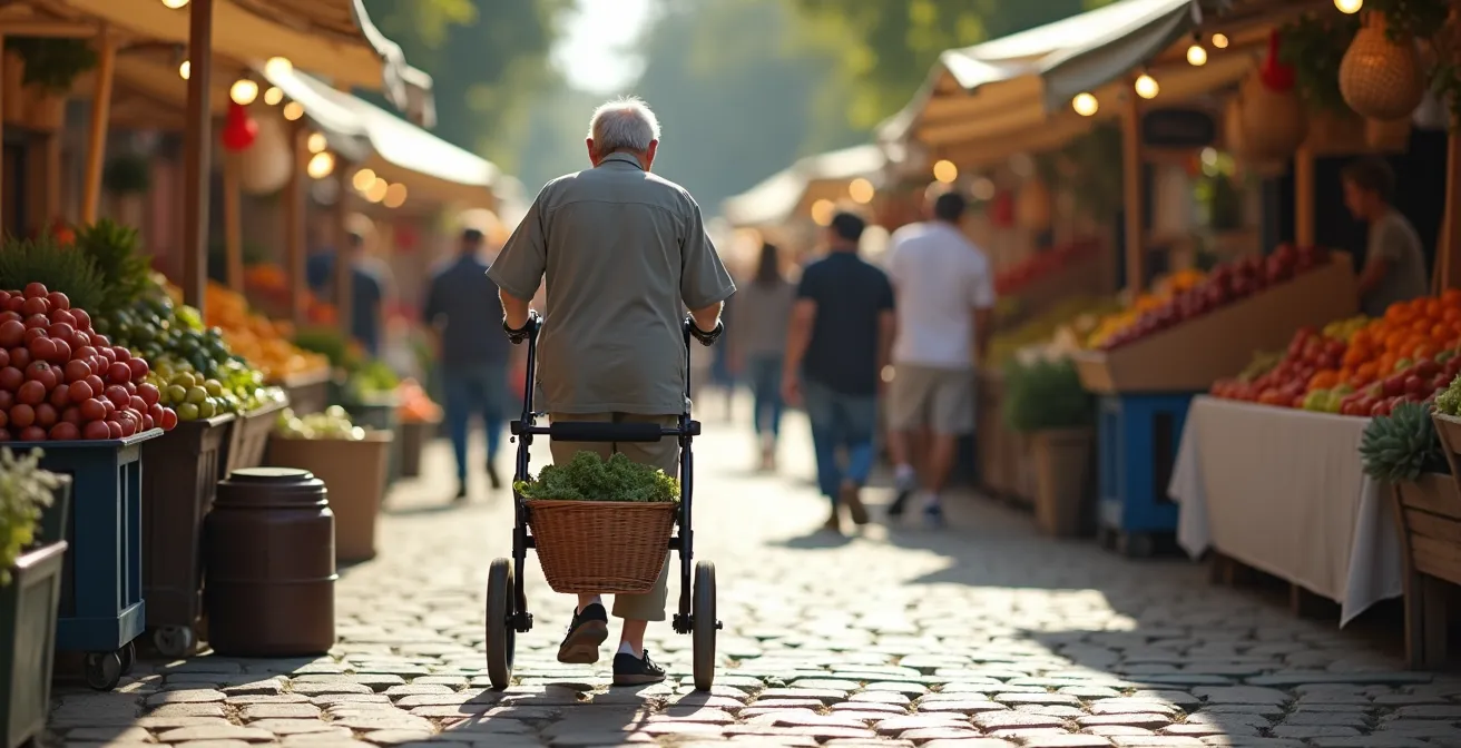Personne âgée utilisant un rollator tout-terrain au marché