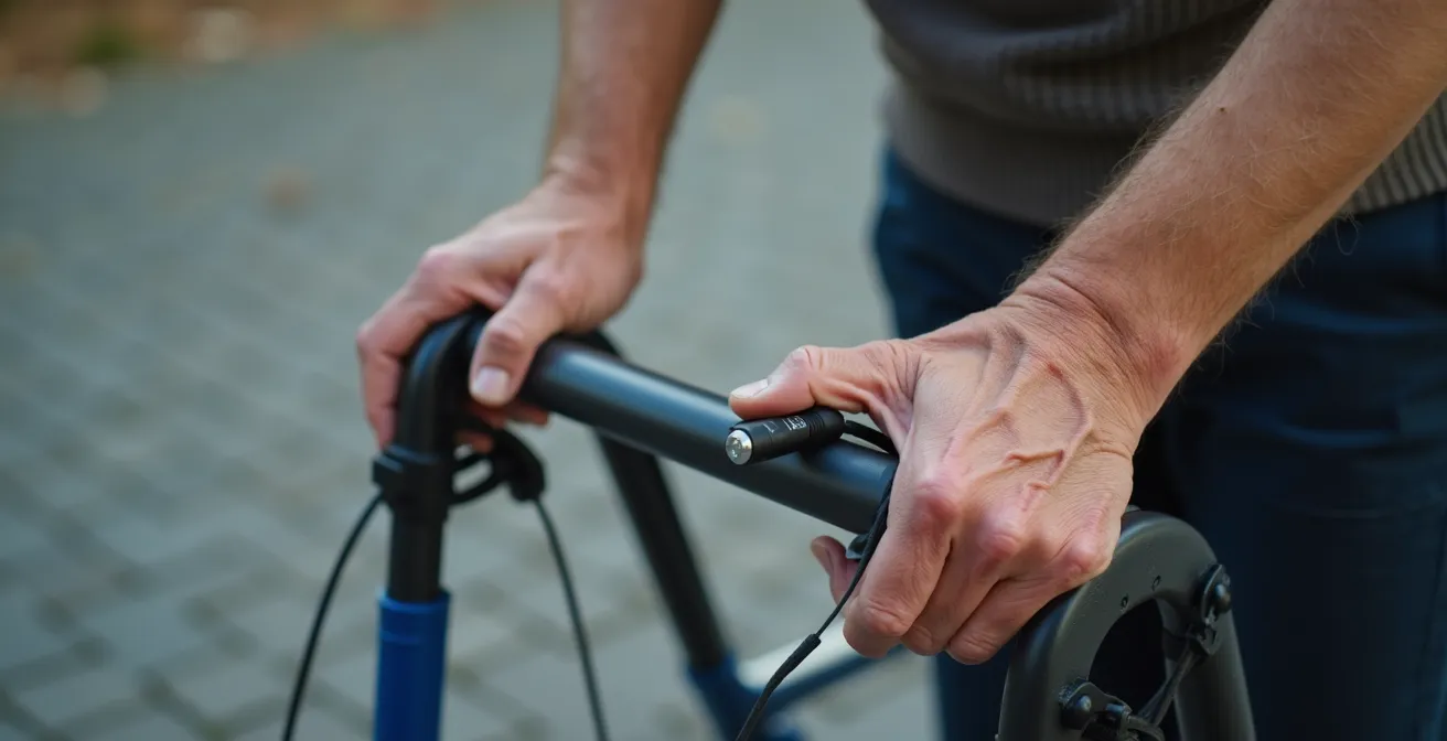 Gros plan sur les mains d'une personne âgée actionnant les freins parking d'un rollator moderne avec mécanisme de verrouillage visible