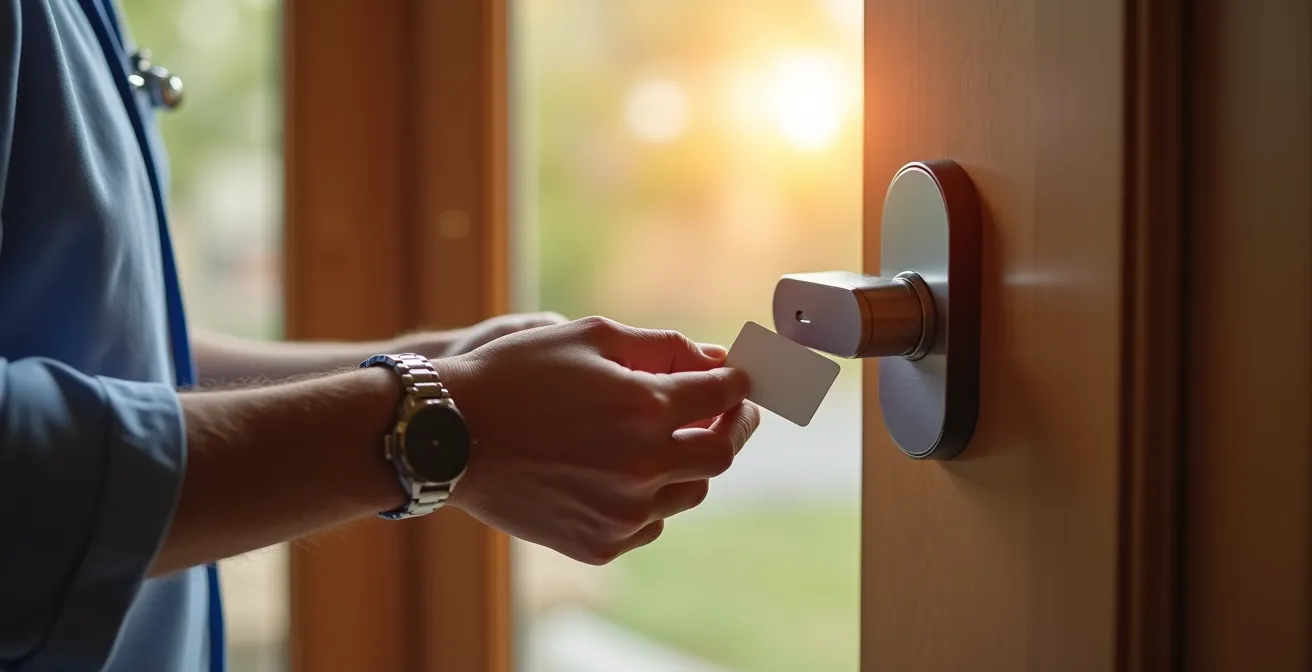 Main d'aide-soignante utilisant un badge pour déverrouiller une serrure connectée