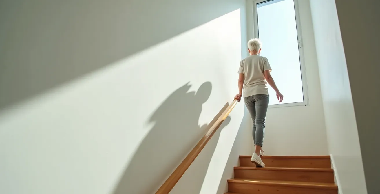 Senior montant des escaliers avec difficulté respiratoire visible