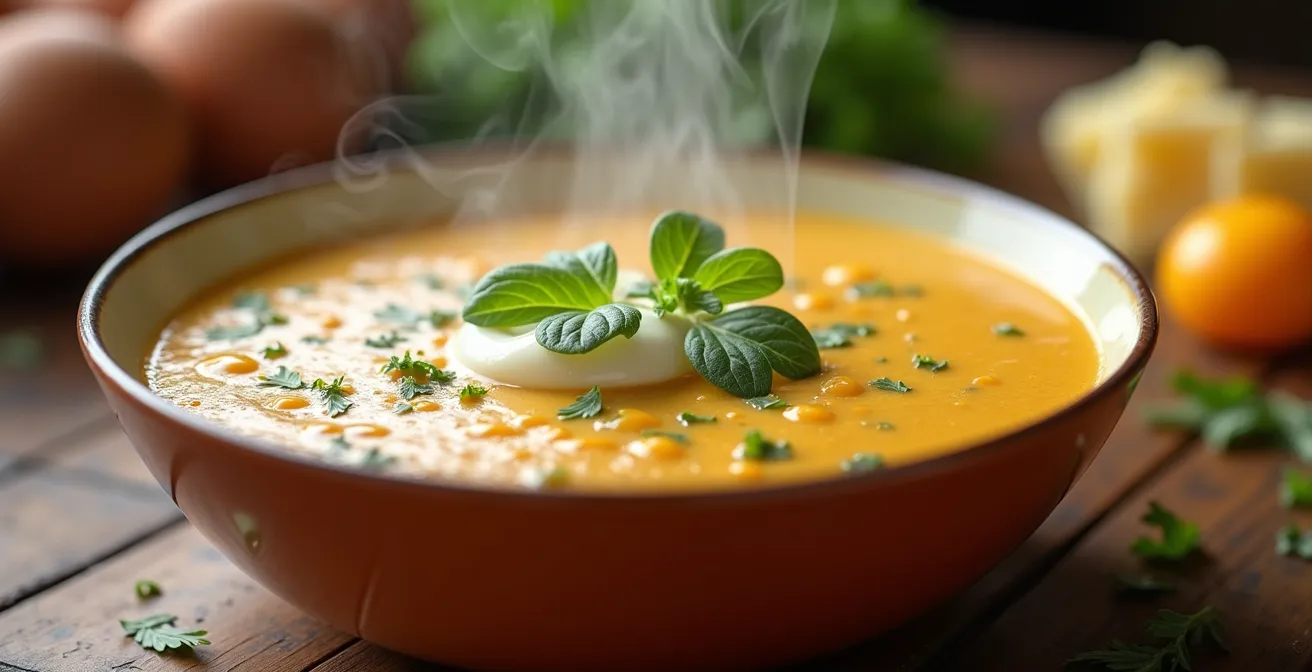 Bol de soupe crémeuse entouré d'ingrédients d'enrichissement comme du fromage râpé, un jaune d'œuf et de la crème.