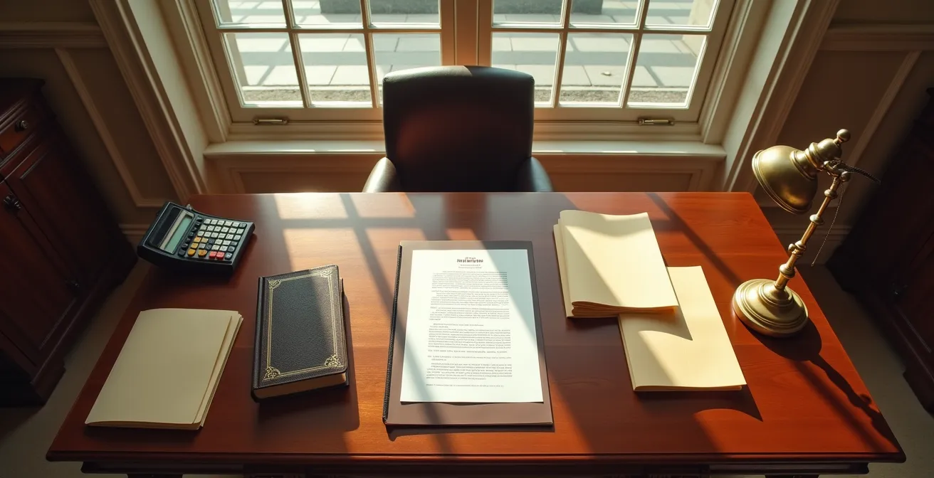 Vue aérienne d'un bureau de notaire avec documents et calculatrice pour illustrer la préparation d'une succession