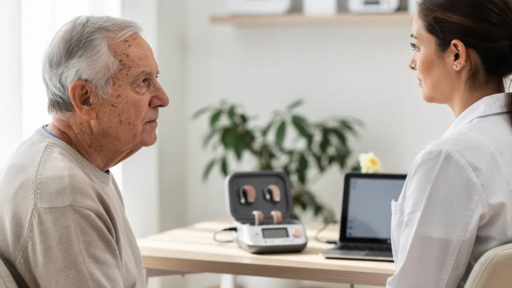 Senior en consultation avec un audioprothésiste dans un cabinet médical moderne