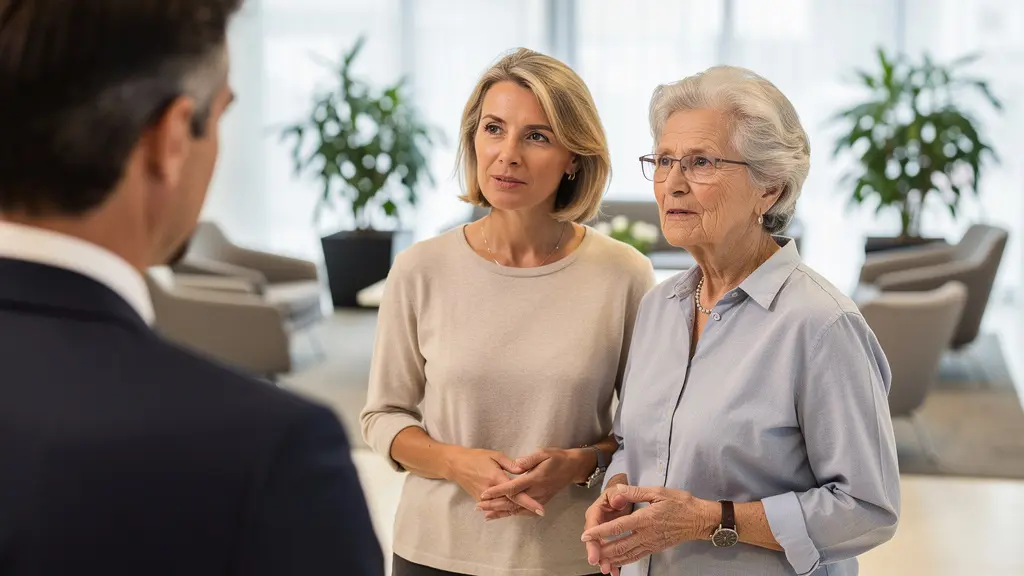 Discussion entre une famille et une conseillère dans le hall d'accueil d'une résidence senior