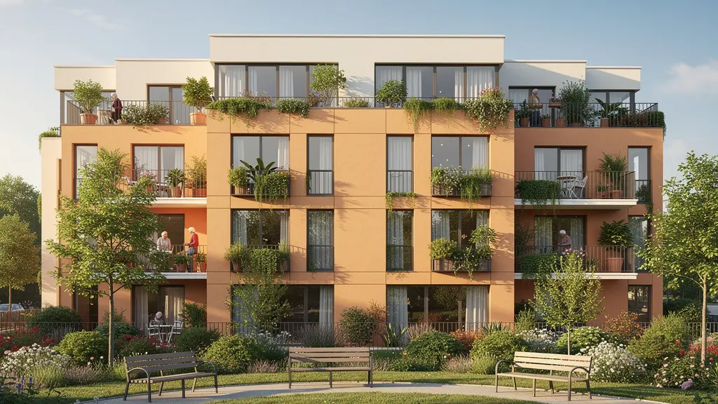 Façade d'une résidence senior moderne avec terrasses fleuries en Eure-et-Loir