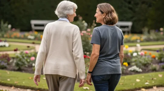 Femme senior marchant dans un jardin avec sa fille adulte en Eure-et-Loir