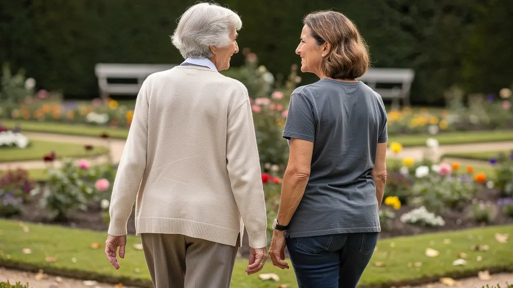 Femme senior marchant dans un jardin avec sa fille adulte en Eure-et-Loir