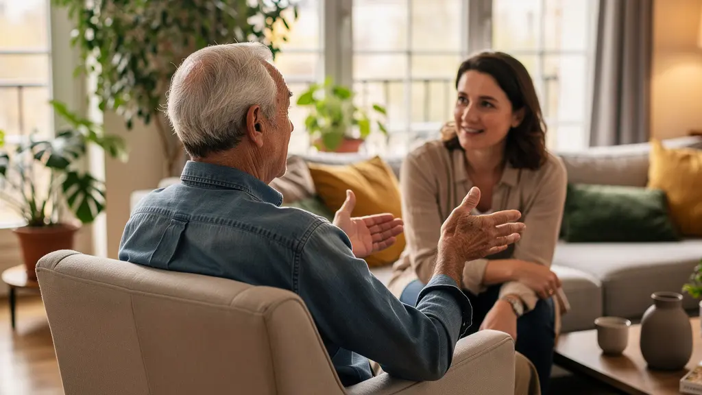 Famille discutant dans le salon lumineux d'une résidence senior