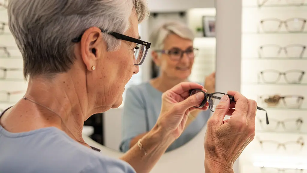 Femme senior essayant des montures de lunettes progressives chez un opticien
