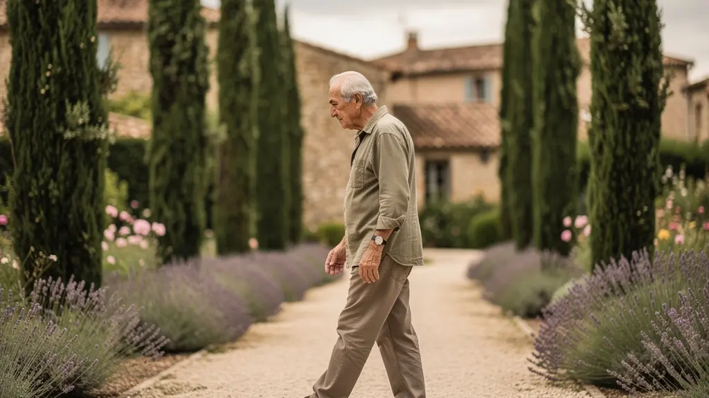 Homme senior marchant dans une allée arborée d'un jardin provençal avec cyprès et lavande