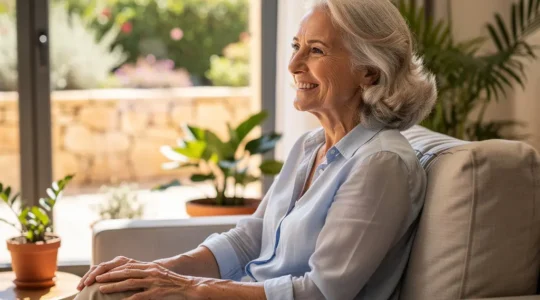 Femme senior souriante dans un salon lumineux de résidence avec vue sur jardin méditerranéen
