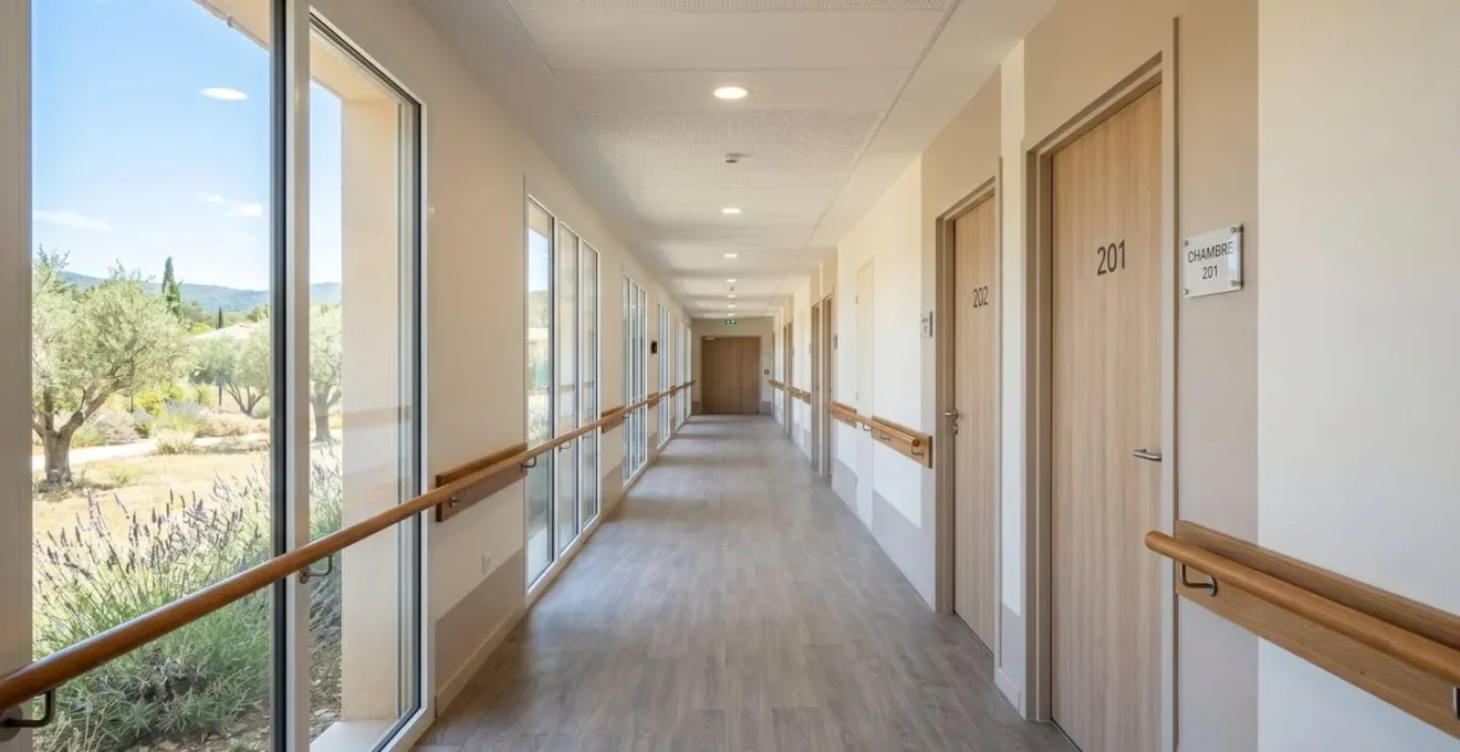Un large couloir d'établissement médicalisé contemporain baigné de lumière naturelle, avec mains courantes continues et portes numérotées