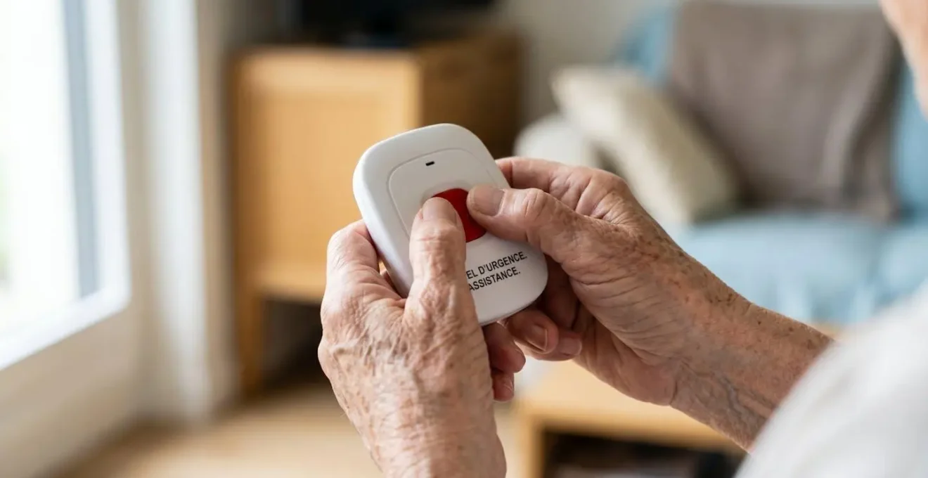 Gros plan sur les mains ridées d'une personne âgée tenant un dispositif d'appel d'urgence moderne à bouton rouge