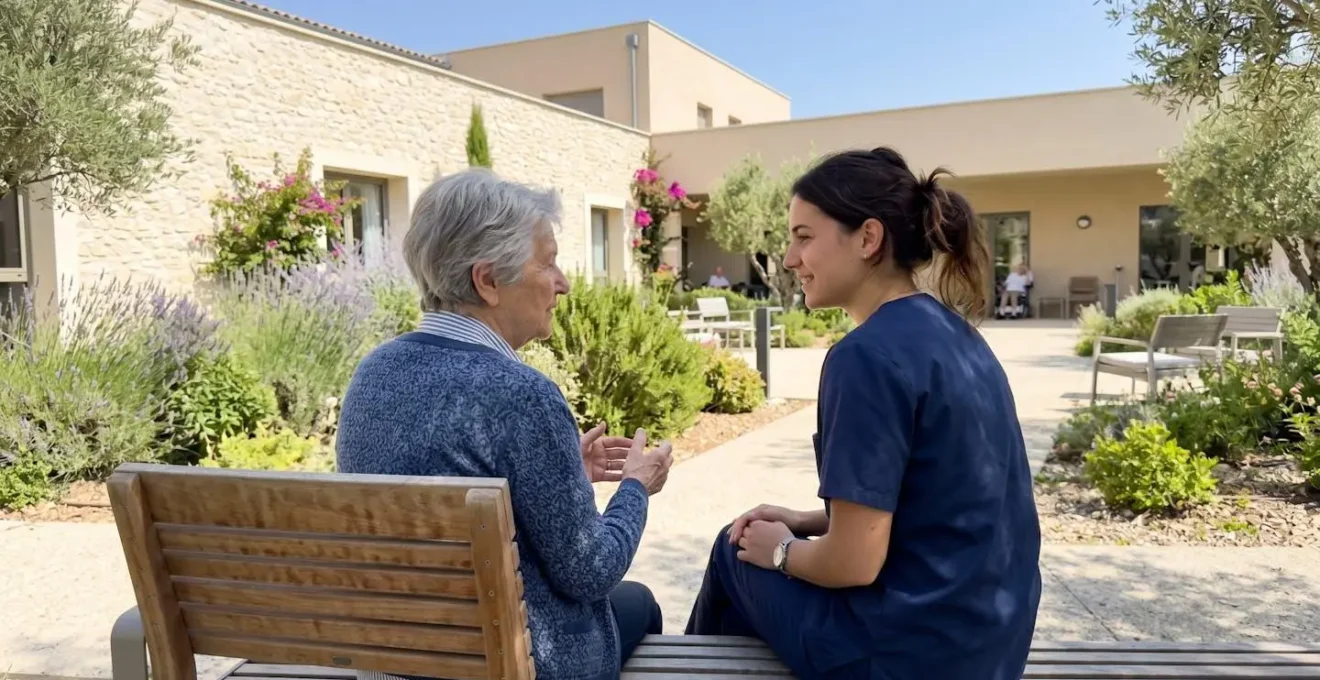 Un résident âgé et une accompagnante discutent tranquillement sur un banc dans le jardin arboré d'un établissement moderne provençal