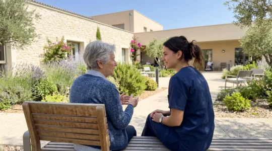 Un résident âgé et une accompagnante discutent tranquillement sur un banc dans le jardin arboré d'un établissement moderne provençal
