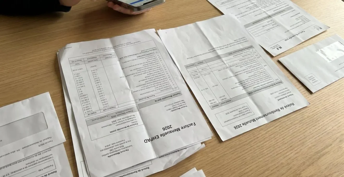 Facture mensuelle EHPAD et documents de remboursement mutuelle posés sur un bureau blanc avec lumière naturelle