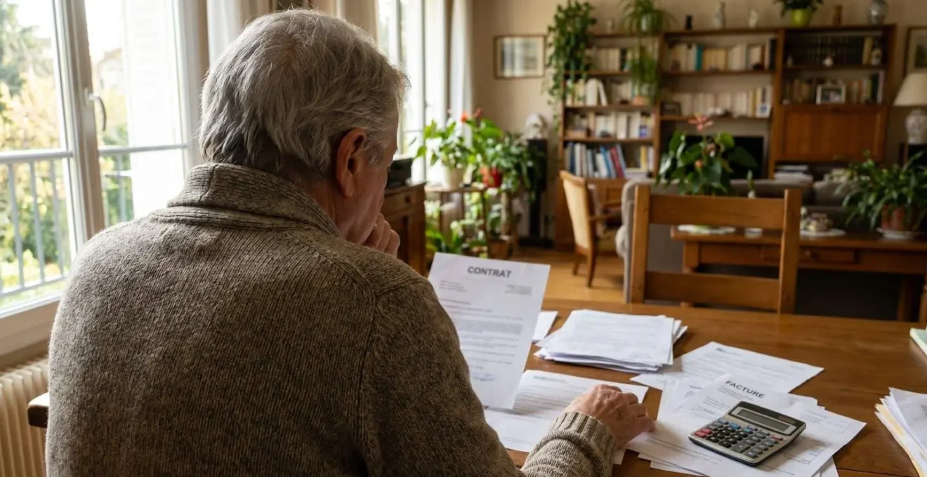 Personne âgée consultant des documents administratifs et une calculatrice à une table lumineuse