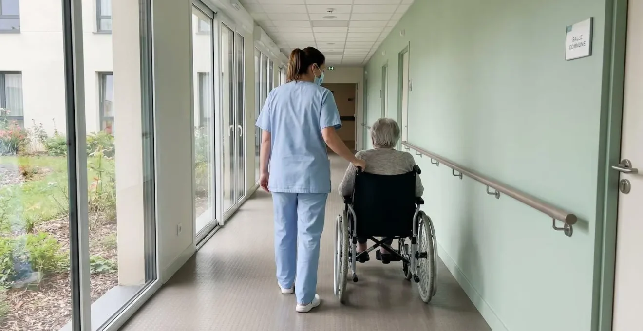 Soignante accompagnant une personne âgée dans un couloir d