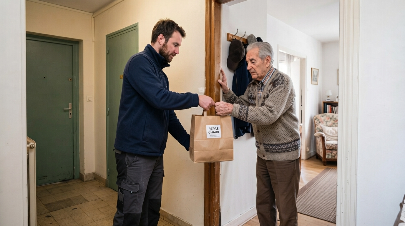 Un livreur remet un sac contenant un repas à un homme âgé dans l'encadrement de la porte de son appartement.