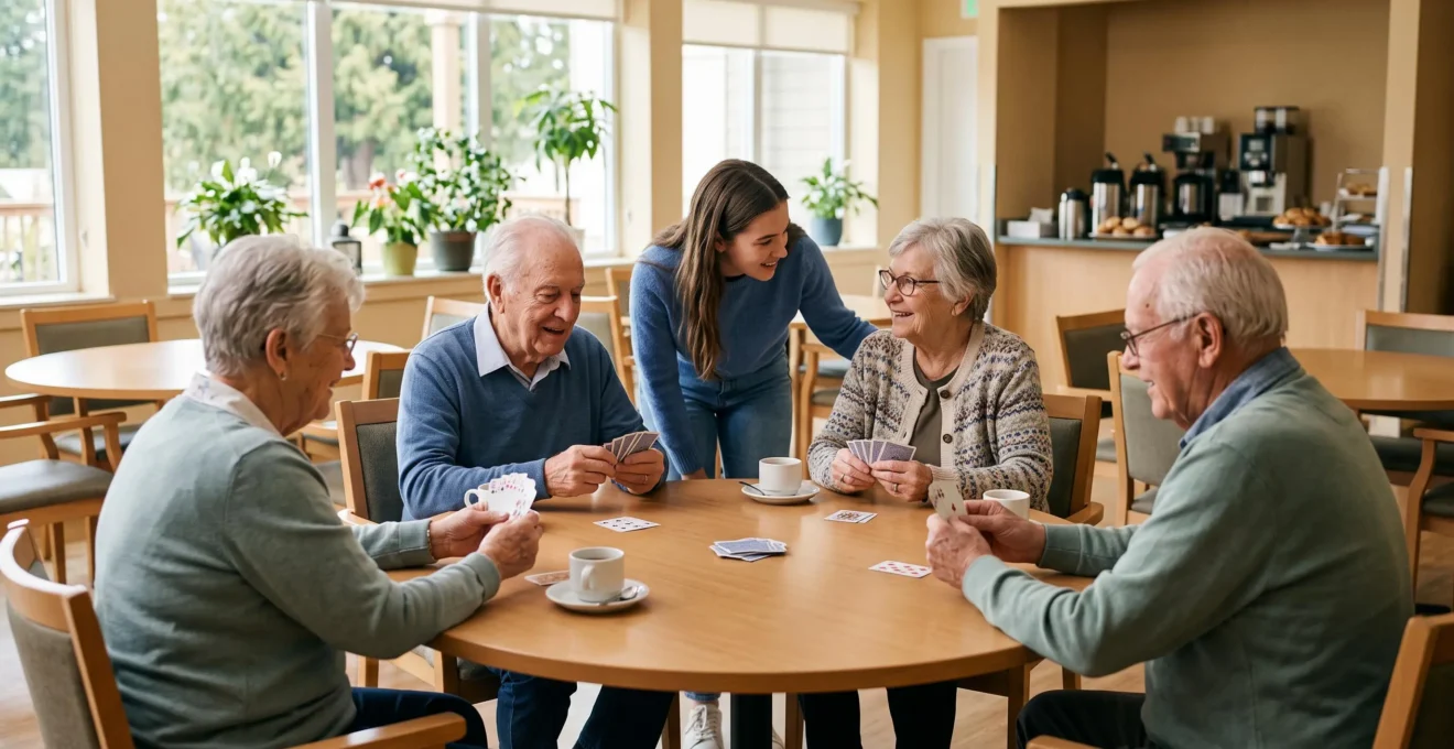 Un groupe de personnes âgées joue aux cartes autour d'une table lors d'un atelier de convivialité, accompagné d'une bénévole.