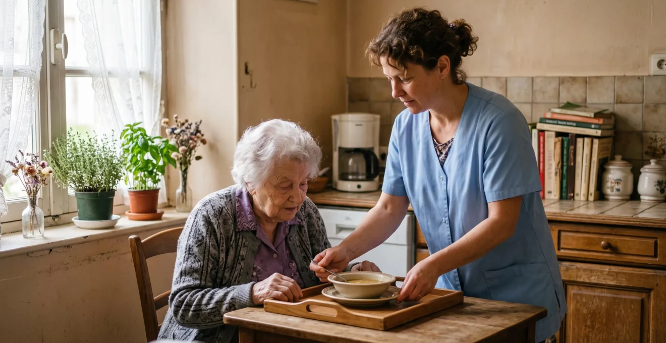 Une auxiliaire de vie sert un repas à une femme âgée assise à la table de sa cuisine lors d'une visite d'aide à domicile.