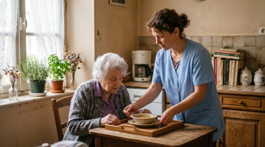 Une auxiliaire de vie sert un repas à une femme âgée assise à la table de sa cuisine lors d'une visite d'aide à domicile.